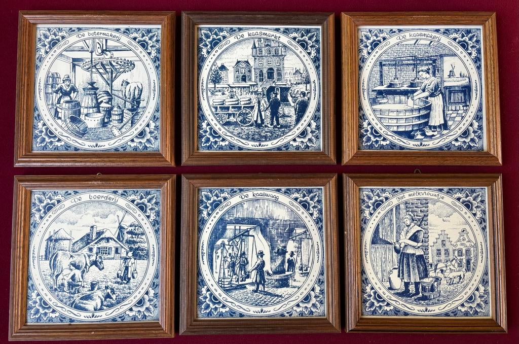 Zes wandtegeltjes ingelijst wandbordjes wandtegel boerderij, Ophalen of Verzenden
