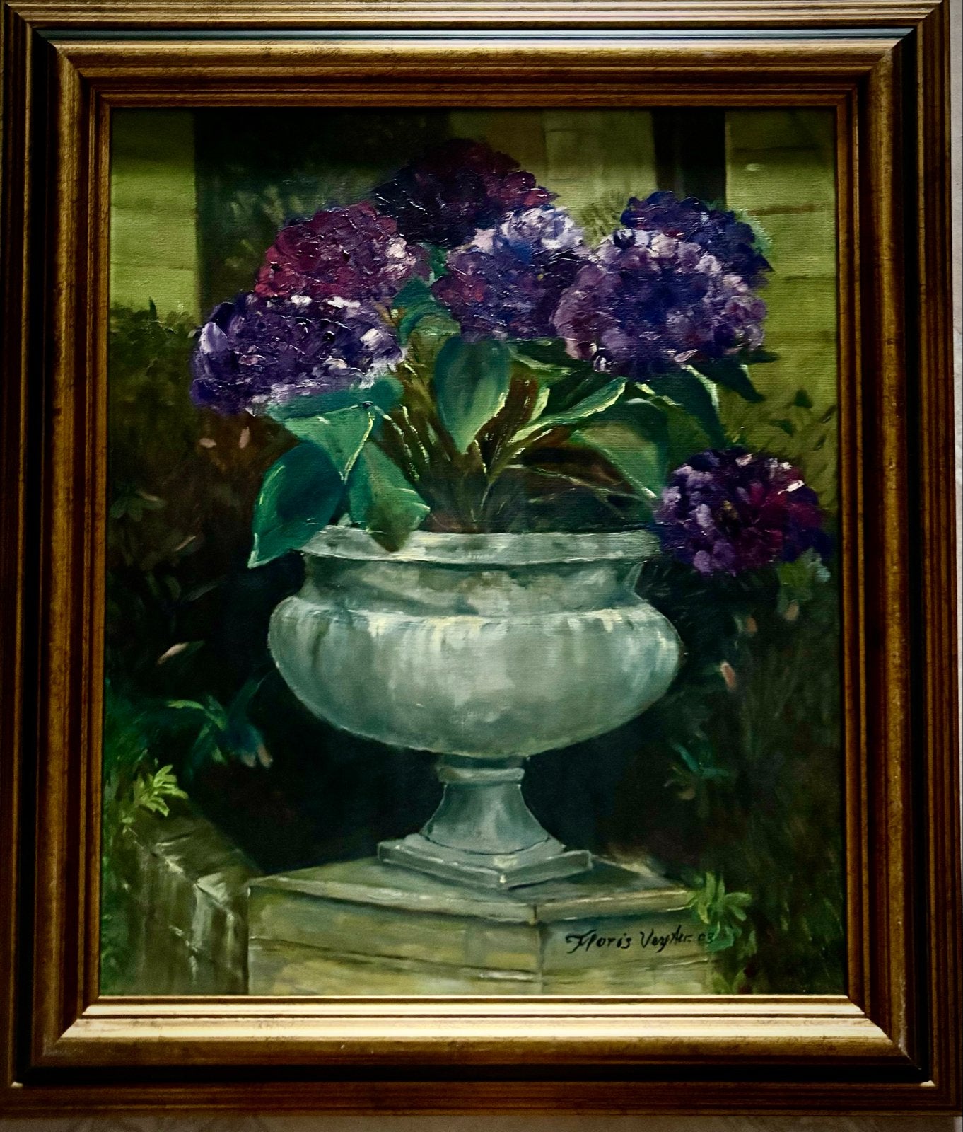 Schilderij met Hortensia's in pot, gesigneerd’03, Bloemen, Doek, Realistisch, Ophalen of Verzenden