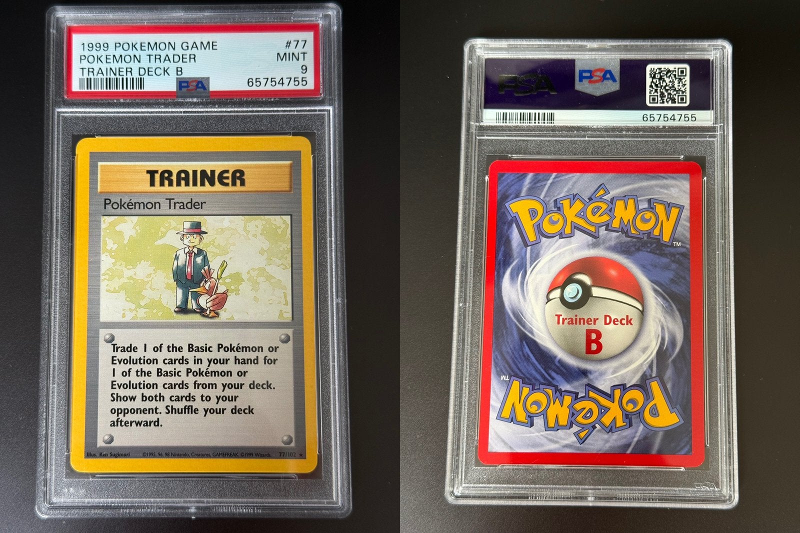 Pokémon Trader #77 – Trainer Deck B 1999 - PSA 9 Mint, Hobby en Vrije tijd, Verzamelkaartspellen | Pokémon, Ophalen of Verzenden