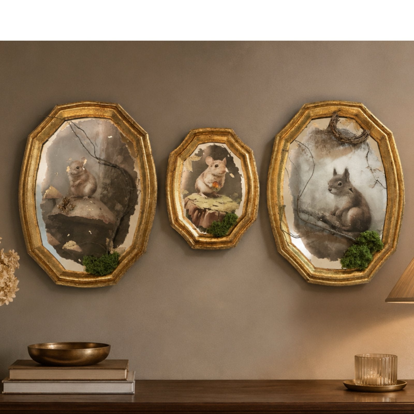 Sprookjesbos in spiegellijstjes – set van 3 Made BY Warm, Ophalen, Schilderij, Zo goed als nieuw, Glas