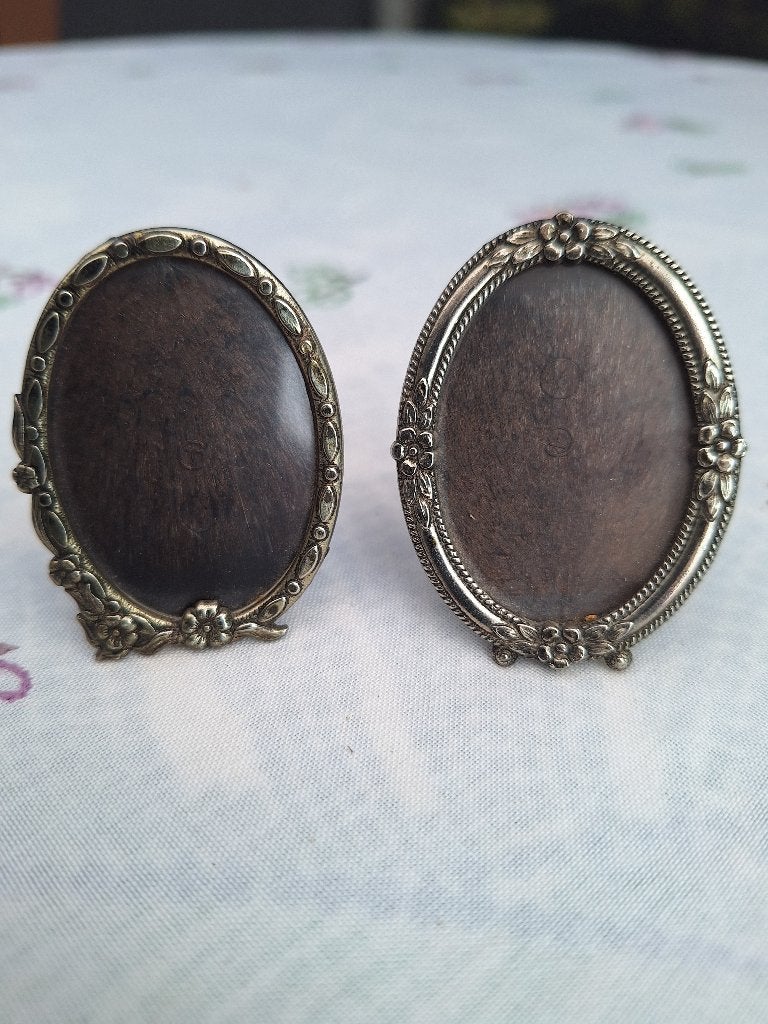 Mini fotolijstjes, vintage, ovaal, zilverkleurig, set van 2, Gebruikt, 5 cm, Ophalen of Verzenden, Fotolijst