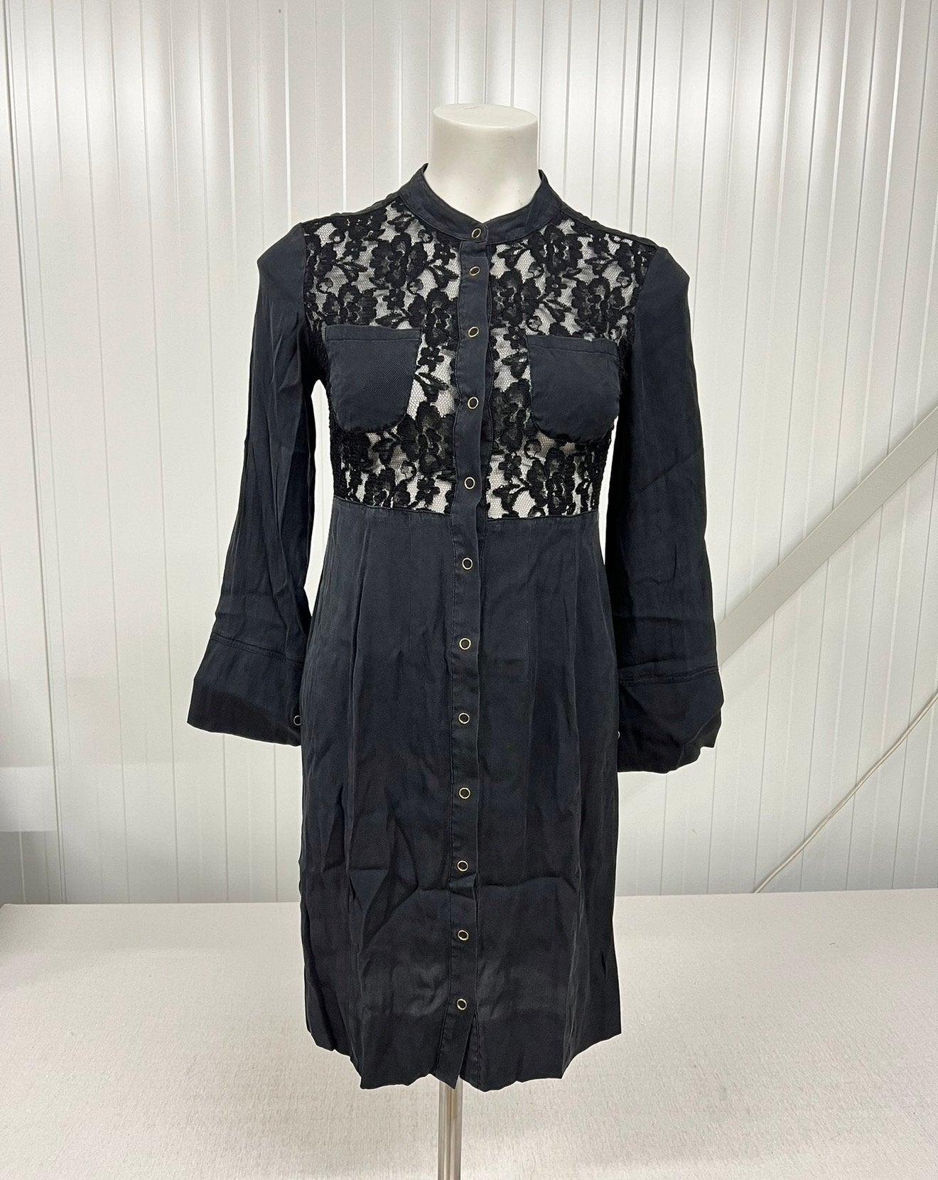 DKNY Donna Karan New York zwarte bloemen kanten knoop jurk, P, Zwart, P, P
