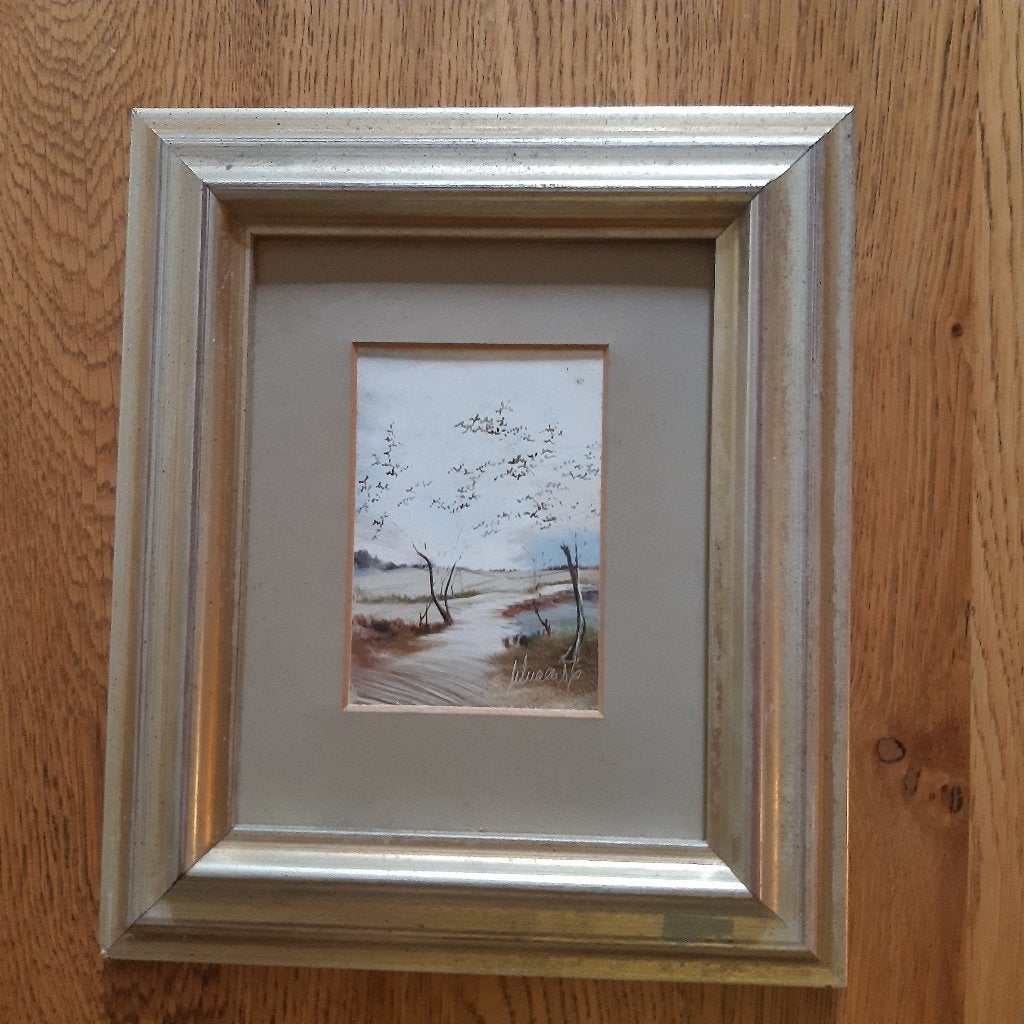 Gesigneerd sfeervol landschaps schilderij van 10x7 cm., Antiek en Kunst, Bijzondere lijst, Overige ondergronden, Ophalen of Verzenden