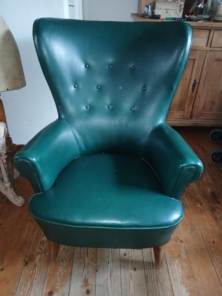 Vintage skai fauteuil groen theo Ruth artifort, Ophalen, Kunststof, Gebruikt, Minder dan 75 cm