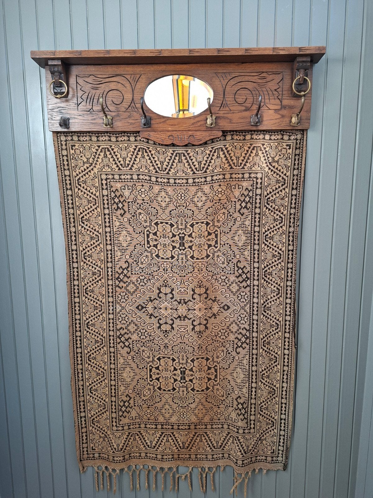 Antieke Houten Kapstok met Spiegel en Kleed, Ophalen