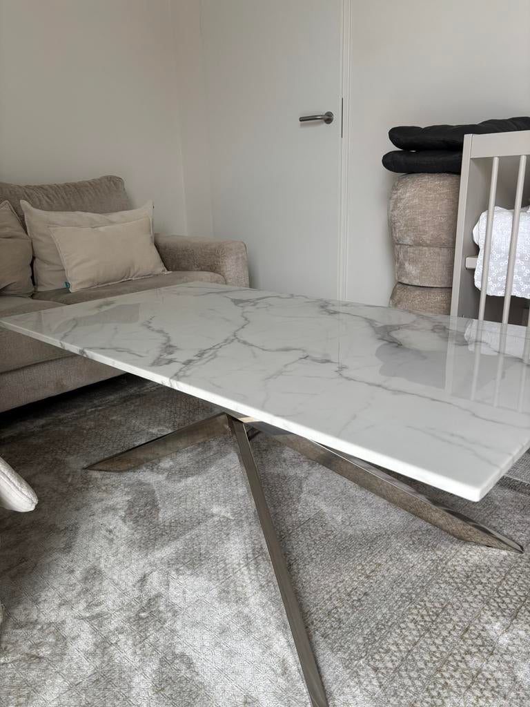 Wit marmeren eettafel en salontafel, Huis en Inrichting, Tafels | Eettafels, Ophalen, Overige materialen, 50 tot 100 cm, Zo goed als nieuw