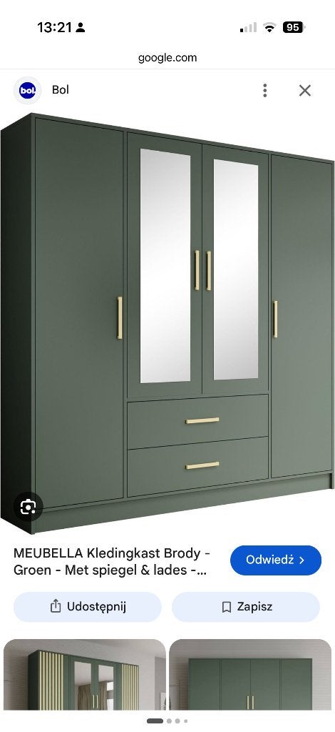 MEUBELLA Kledingkast Brody - Groen - Met spiegel & lades, Ophalen, Gebruikt, 200 cm of meer, Modern, Functioneel