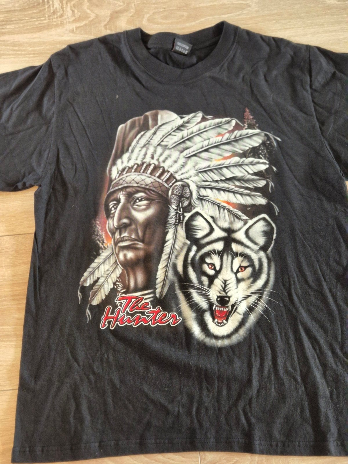 Zwart T-shirt met indianen- en wolvenprint, Ophalen, Maat 48/50 (M), Zwart, Nieuw