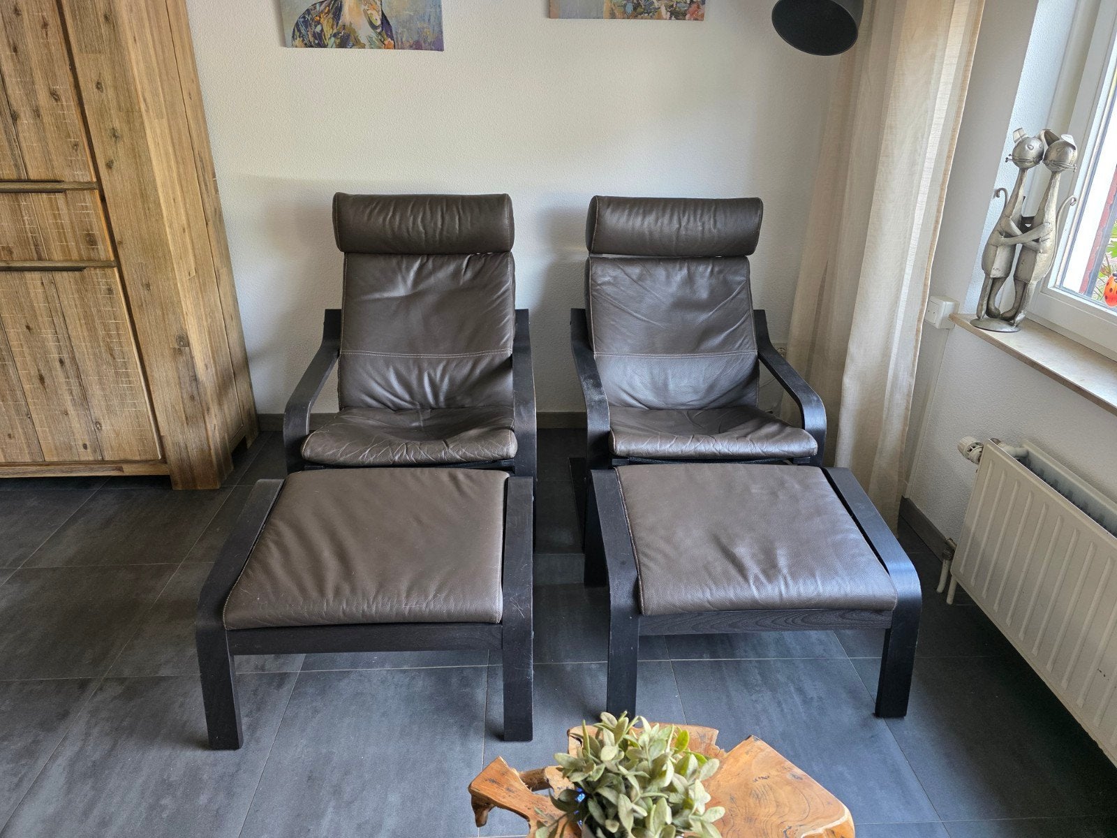 Ikea Poang Leren fauteuil met voetenbank - Bruin, Ophalen, Gebruikt, Bruin, Modern comfort