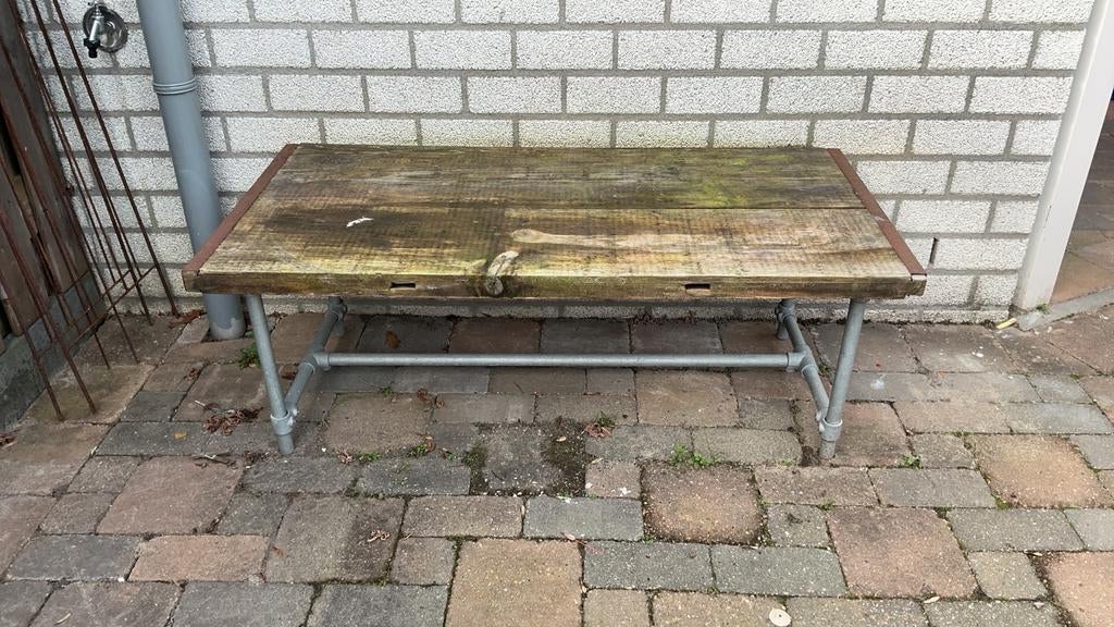 Tuintafel gemaakt van steenschot en steigerpijpen, Tuin en Terras, Ophalen, Gebruikt, Rechthoekig, Hout