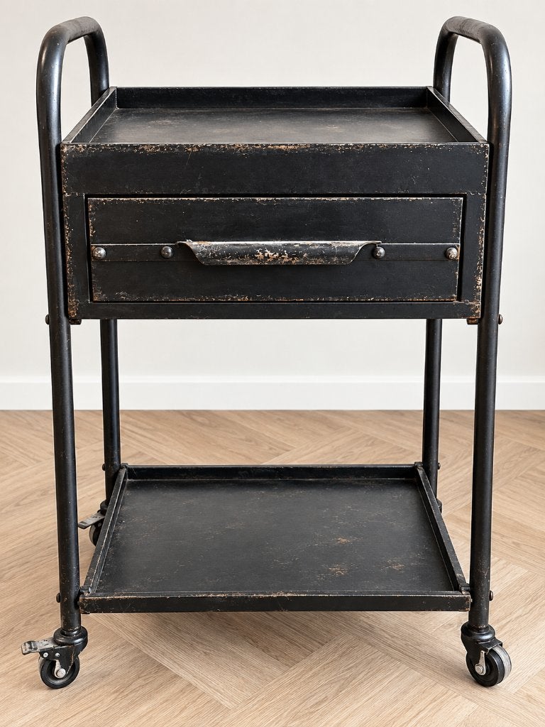 Vintage industriële trolley zwart met lade, Gebruikt, Keukentrolley, Ophalen of Verzenden, Zwart