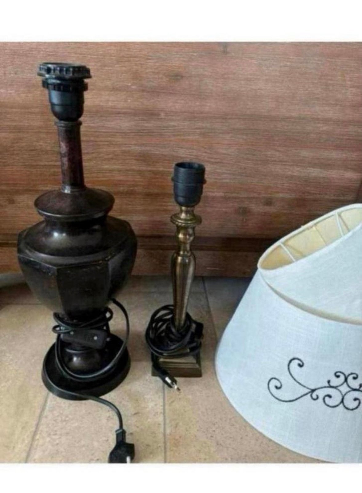 Twee schemerlampvoeten met lampenkap, Gebruikt, Meerkleurig, Ophalen of Verzenden, Met kap