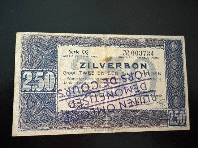 Zilverbon 2,5 gulden biljet 1938 buiten omloop gestempeld, Ophalen of Verzenden, 2½ gulden, Los biljet