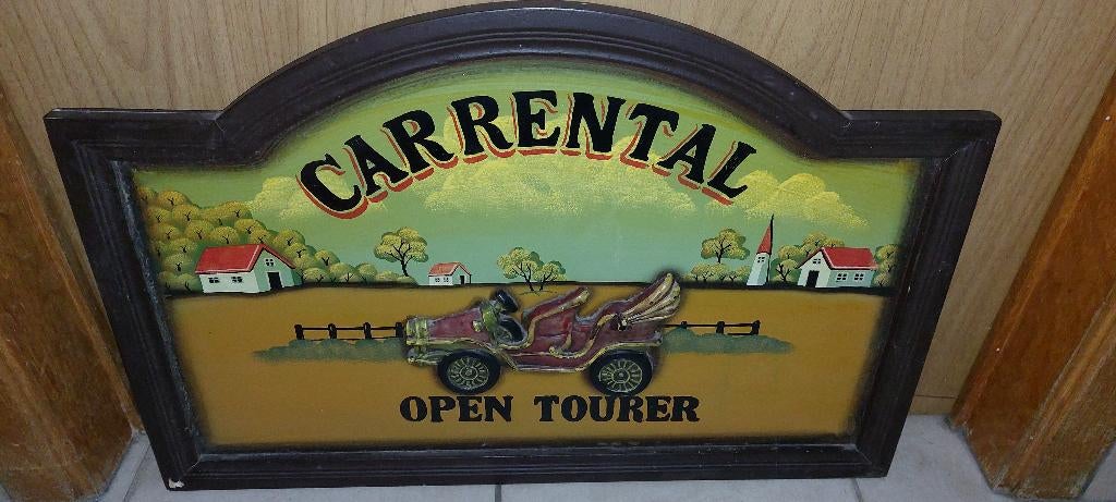 Houten pubbord met auto in 3D - reliëf, Antiek en Kunst, Curiosa en Brocante, Ophalen of Verzenden