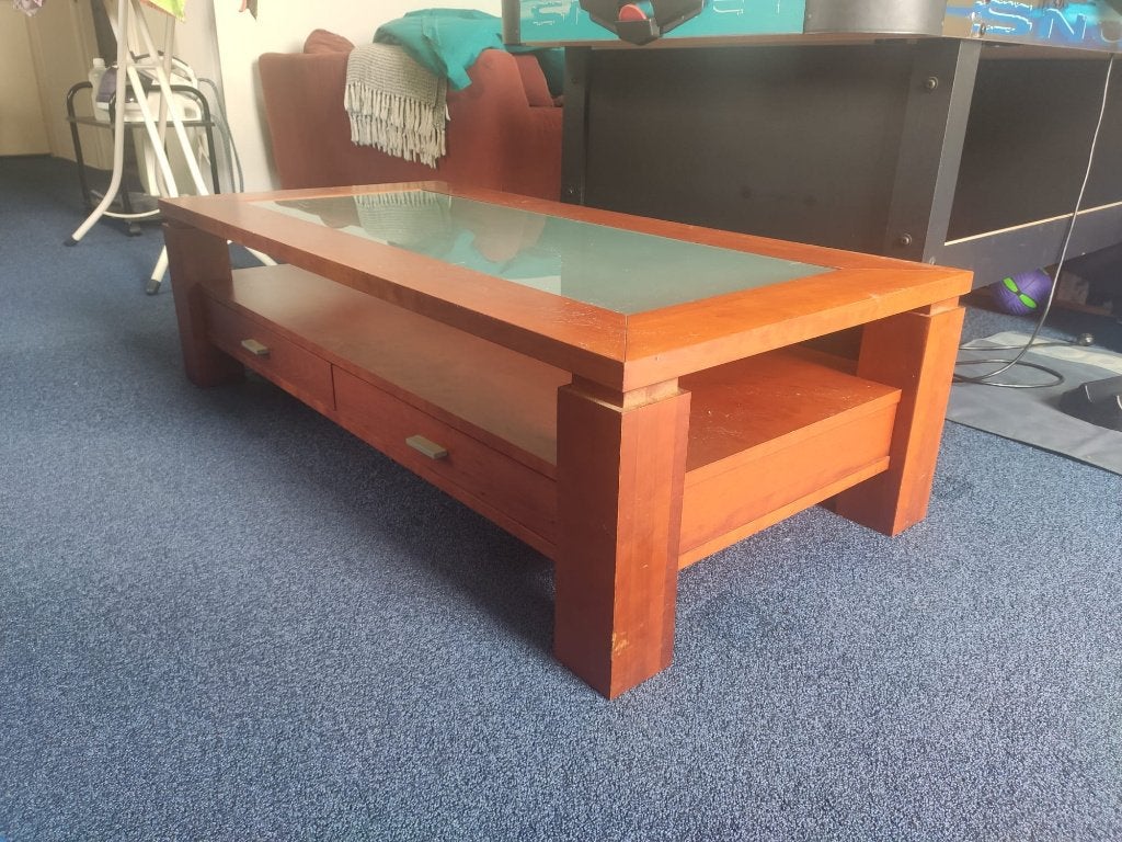 Salontafel met 2 lades en glasplaat, Ophalen, Gebruikt, 100 tot 150 cm, 50 tot 100 cm