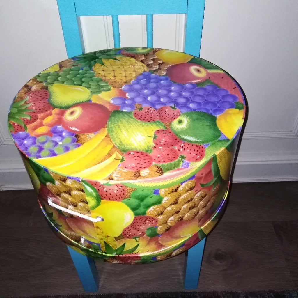 Ronde hoedendoos met afbeeldingen van tropisch fruit, Ophalen, Gebruikt, Meerkleurig, Papier/karton