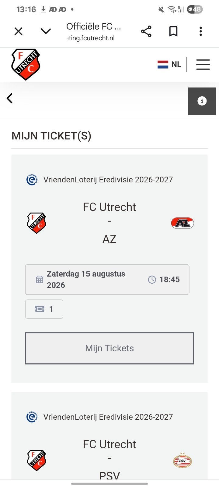 2 tickets FC Utrecht - AZ, Twee personen
