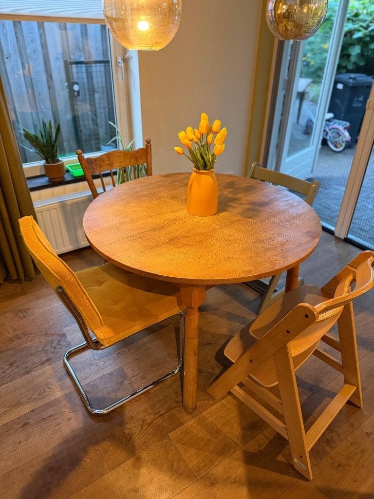 Ronde uitschuifbare tafel, Huis en Inrichting, Tafels | Eettafels, Gebruikt, 100 tot 150 cm, 100 tot 150 cm, Vier personen, Rond