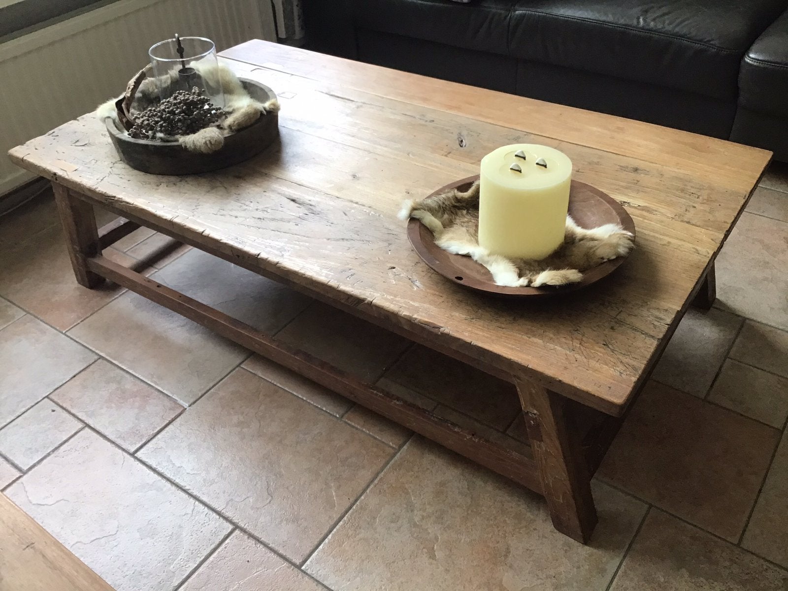 Landelijke houten salontafel, sober en doorleefd, Ophalen, Gebruikt, 100 tot 150 cm, 50 tot 100 cm