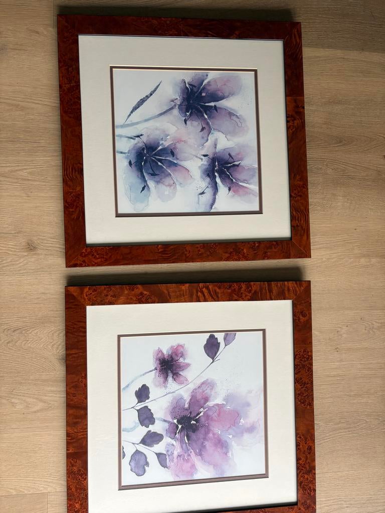 Set van 2 ingelijste prenten met bloemen (aquarel), Antiek en Kunst, Kunst | Tekeningen en Foto's, Ophalen