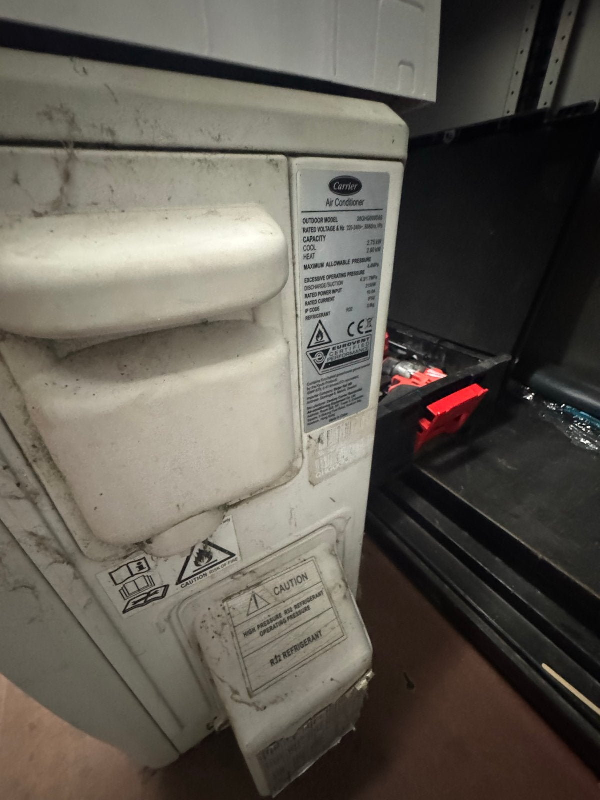 Carrier inverter split airco 2,75 kW – binnen- en buitenunit, Ophalen, Gebruikt, Minder dan 60 m³, 3 snelheden of meer