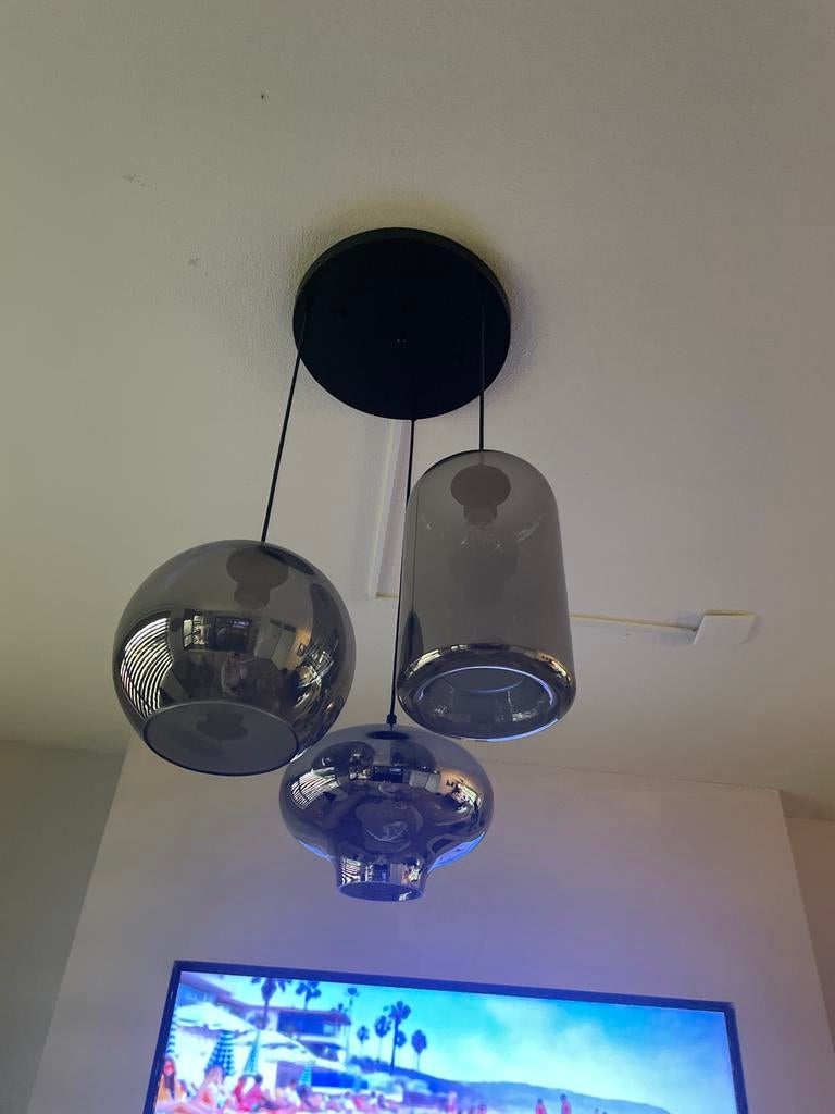 Hanglamp 3 bol fantasy smokeglas, Huis en Inrichting, Ophalen, Zo goed als nieuw, Glas, 75 cm of meer