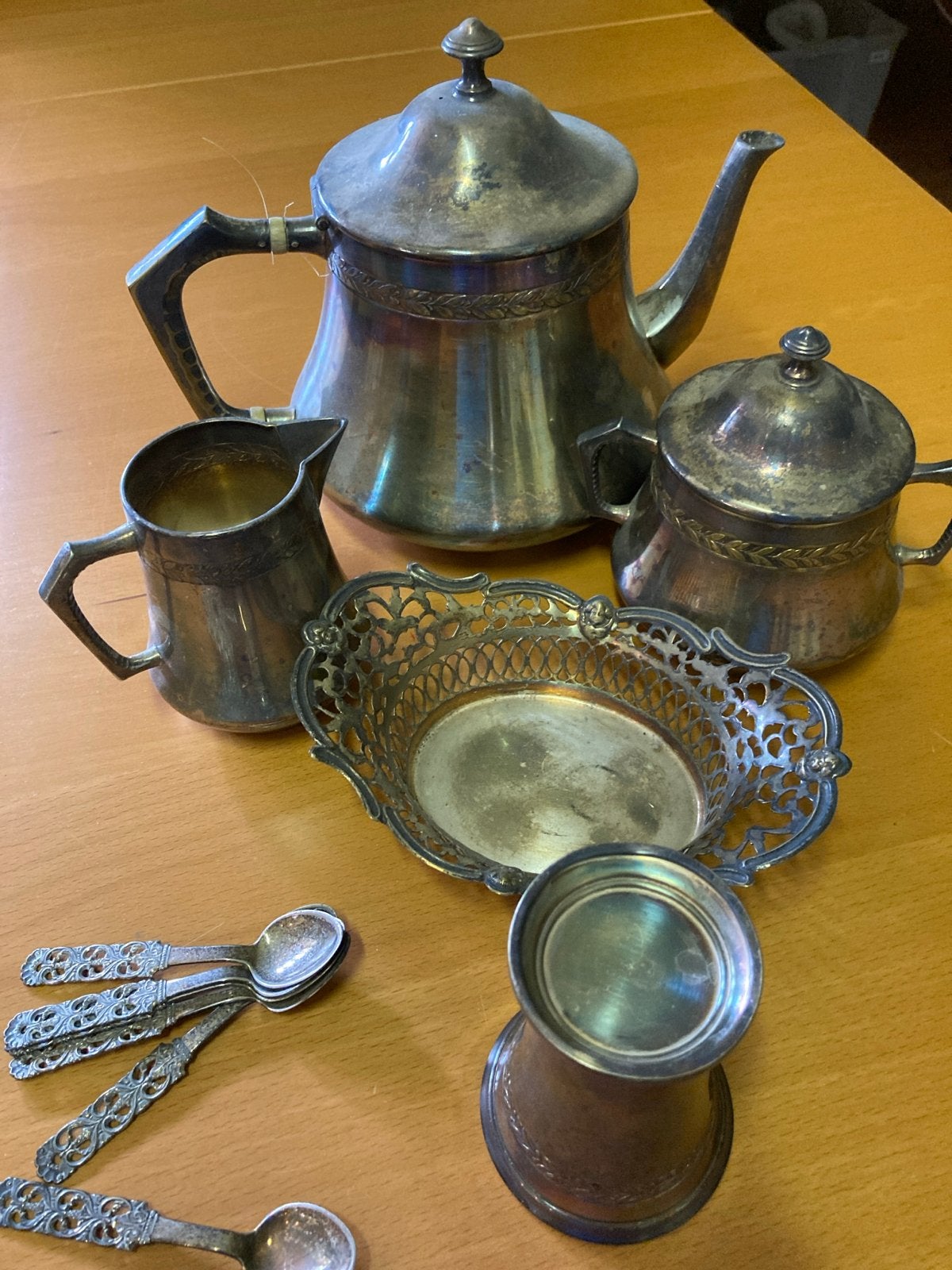 Antiek verzilverd theeservies met lepeltjes, Antiek en Kunst, Ophalen of Verzenden, Zilver