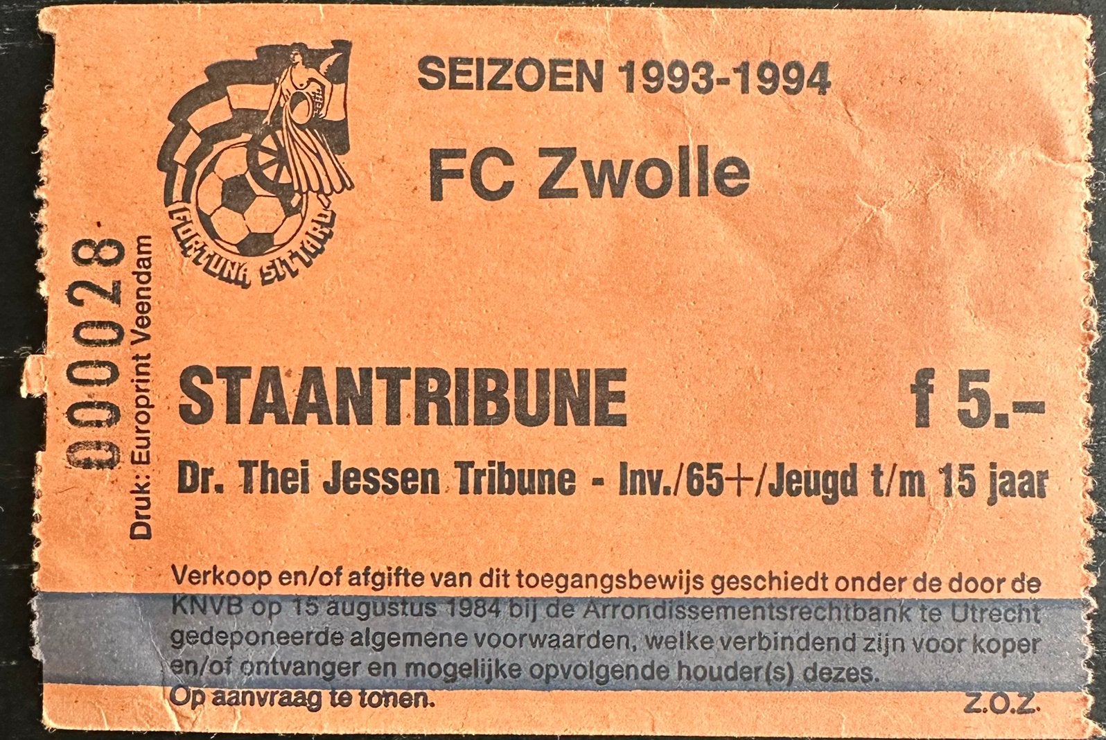 Ticket 93-94 Fortuna Sittard - FC Zwolle, Verzamelen, Ophalen of Verzenden, Gebruikt, Overige binnenlandse clubs, Overige typen