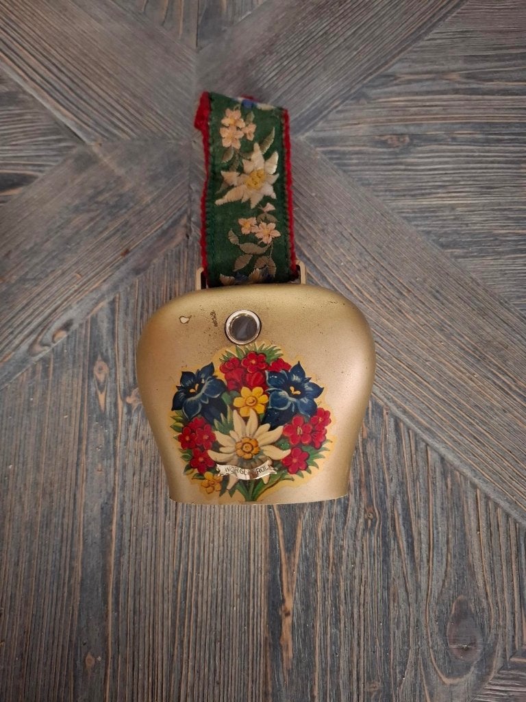 Vintage Zwitserse koeienbel met bloemmotief en lint, Ophalen of Verzenden