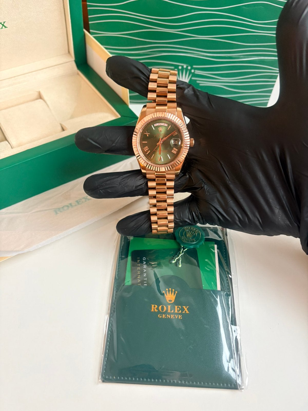 Rolex Daydate Rose Gold Dark Green Dial “Dubbel Link”, Sieraden, Tassen en Uiterlijk, Horloges | Heren, Rolex, Verzenden, Polshorloge