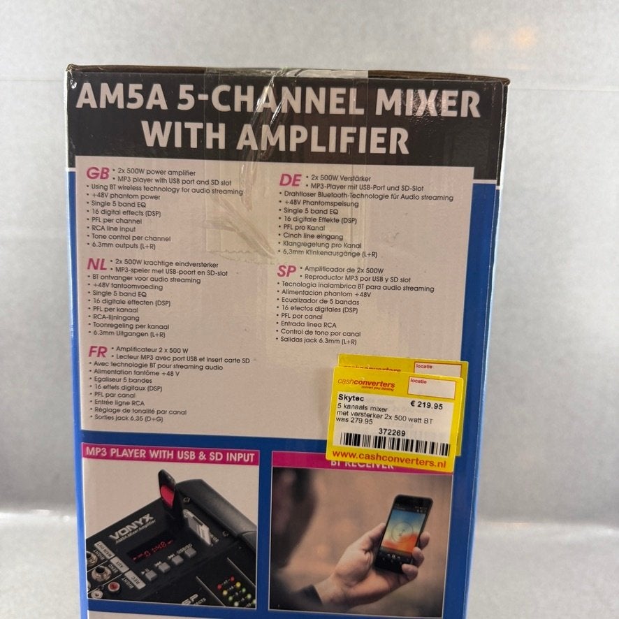 Vonyx AM5A 5 Kanaals mixer+versterker | nieuw | 372269, Ophalen of Verzenden, Nieuw, 5 tot 10 kanalen, Microfooningang