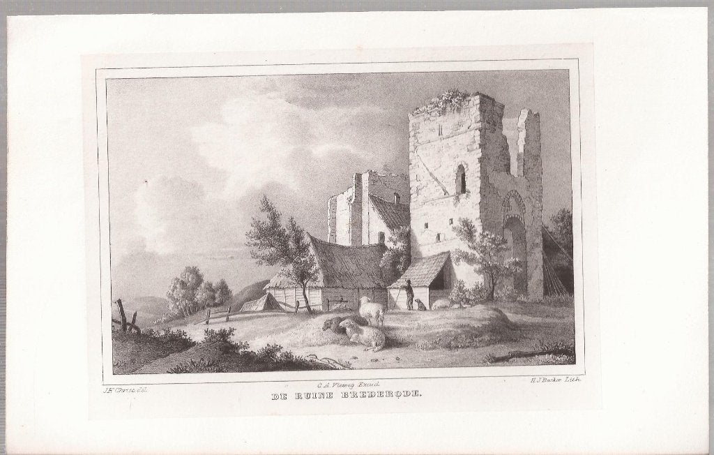 De Ruine Brederode Litho H.J. Backer ca. 1850, Antiek en Kunst, 10 cm, 1800 - 1899, Ophalen of Verzenden, Blanco verso