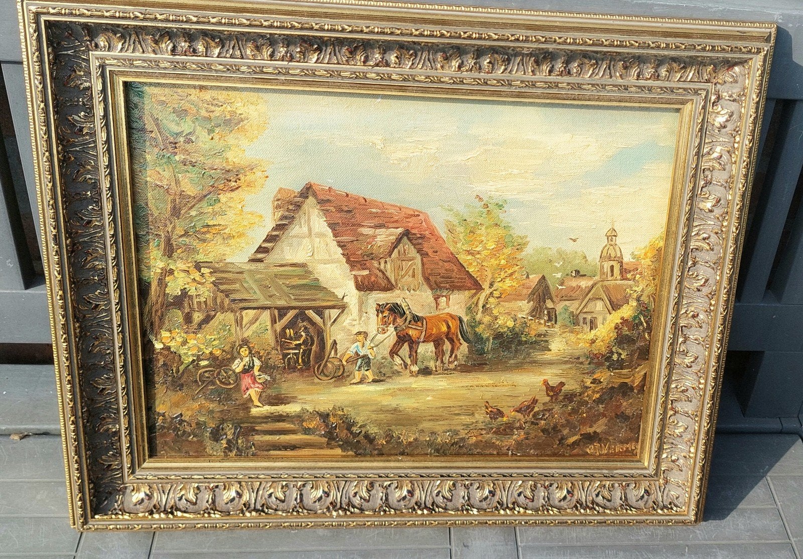 Vintage Schilderij:  Tafereel met Paard en Boerderij, Antiek en Kunst, Kunst | Schilderijen | Klassiek, Doek, Ophalen of Verzenden