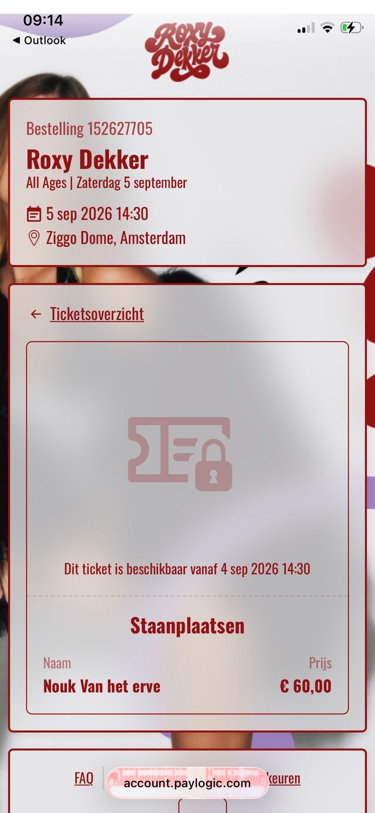 2x roxy dekker staanplaats 5 september middag show, Twee personen