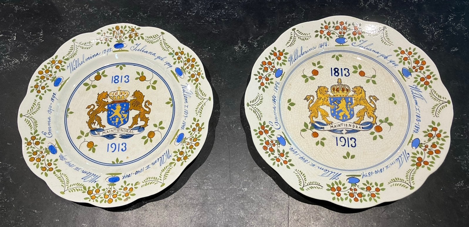 Herinneringsborden Emma Juliana Willem I, II, III 1813-1913, Ophalen of Verzenden, Zo goed als nieuw, Nederland, Servies