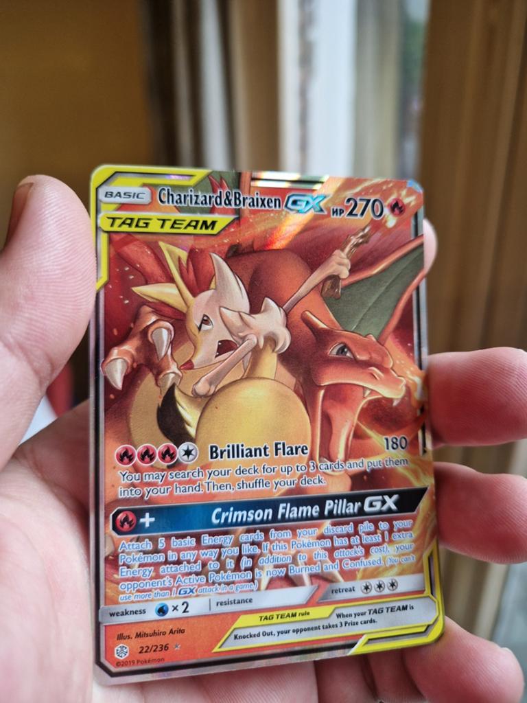 Pokémon Kaart: Charizard & Braixen GX Tag Team, Ophalen of Verzenden, Zo goed als nieuw, Losse kaart, Foil