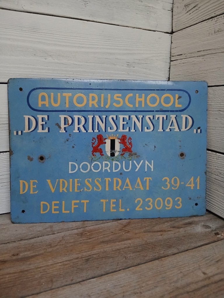 Handbeschilderd reclamebord Delft Autorijschool Prinsenstad, Reclamebord, Gebruikt, Onbekend, Ophalen of Verzenden