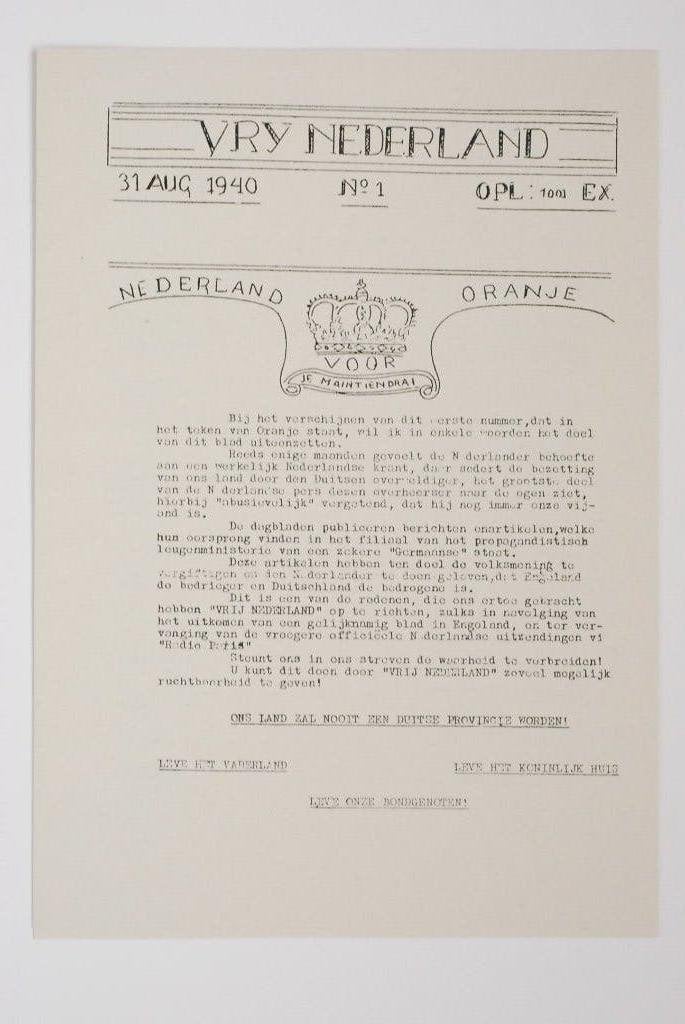 31 augustus 1940 De 1ste Vrij Nederland Herdruk verzetskrant, Zo goed als nieuw, Verzenden, Amsterdam, Florence Uitgeverij