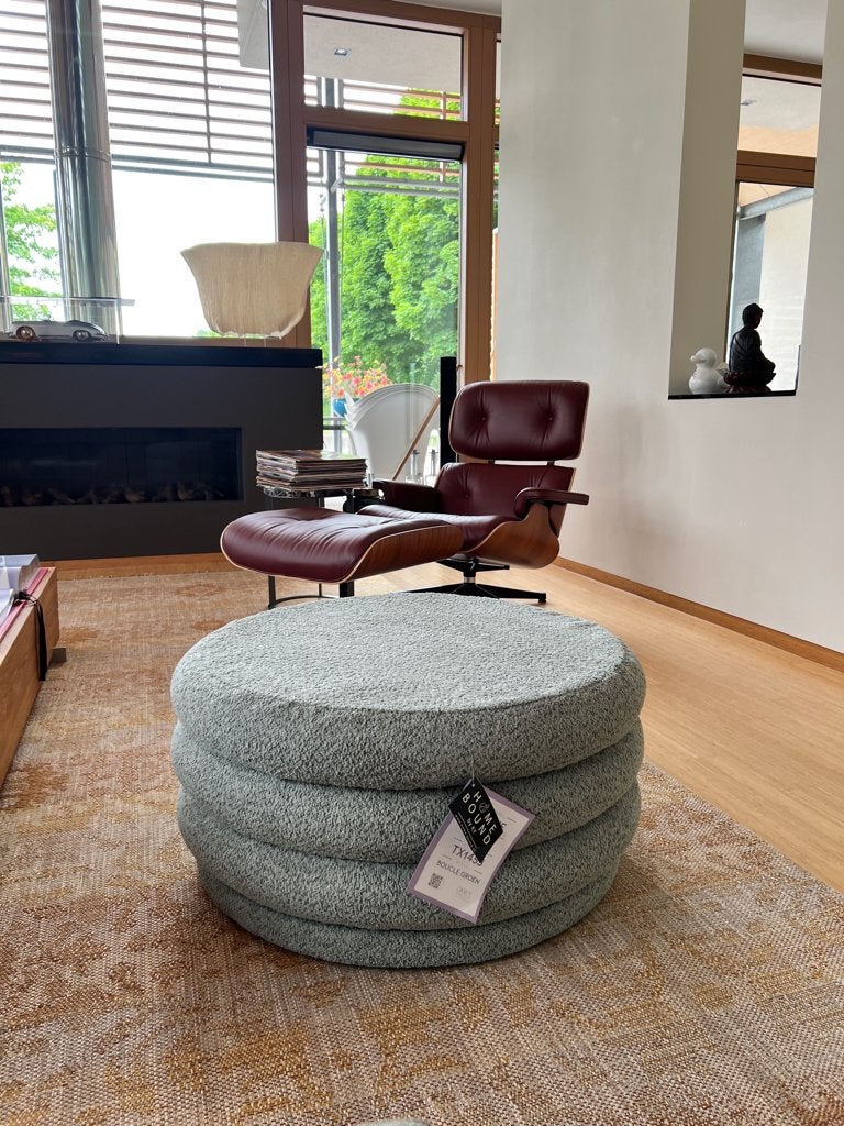 Nieuw! Poef Home bound by KY Feline, stof Boucle groen/grijs, Huis en Inrichting, Ophalen, Rond, Nieuw, 75 tot 100 cm