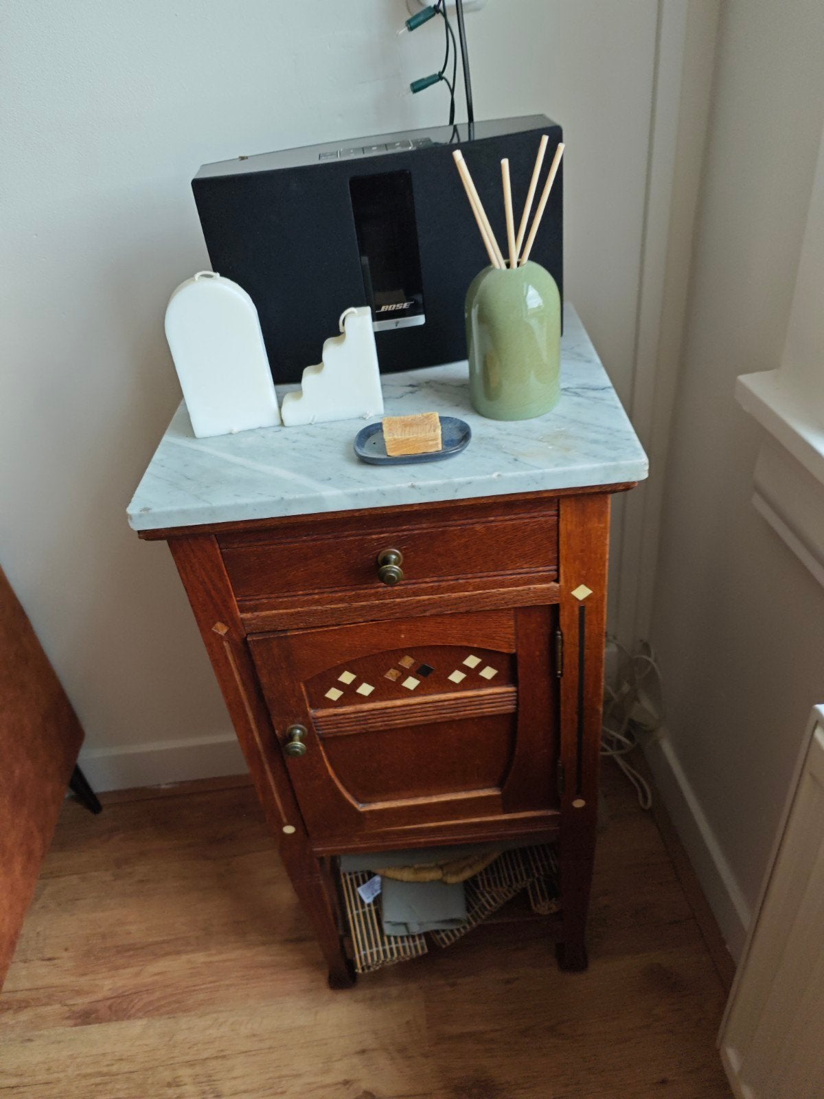 Vintage marmeren/houten bijzettafel met lade en kastje, Ophalen