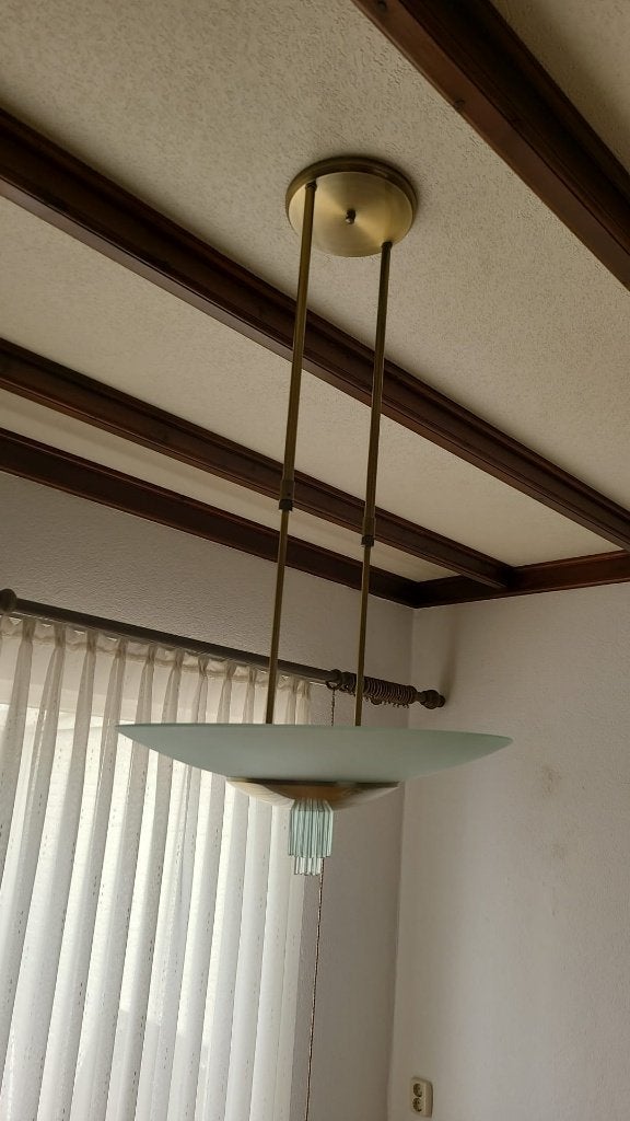 In hoogte verstelbare hanglamp met glazen kap., Huis en Inrichting, Stoelen, Modern, Klassiek, Gebruikt, Overige kleuren, Overige materialen