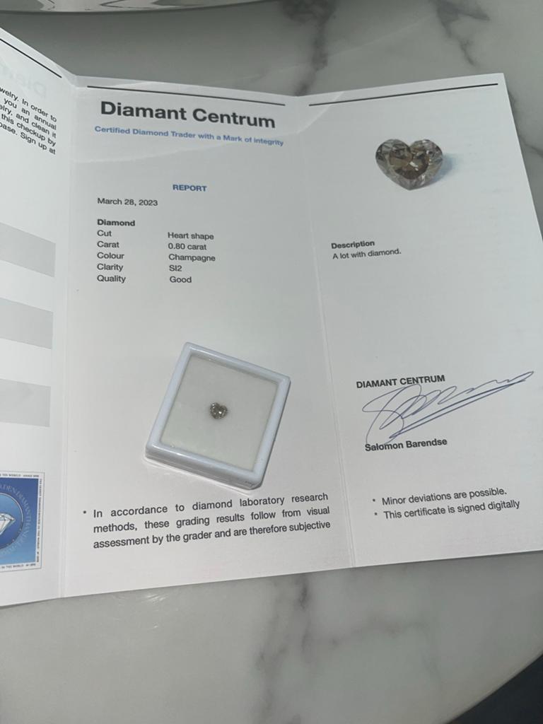 Hartvormige Diamant 0.80 karaat Champagne SI2 Goed, Sieraden, Tassen en Uiterlijk, Edelstenen, Ophalen of Verzenden, Nieuw