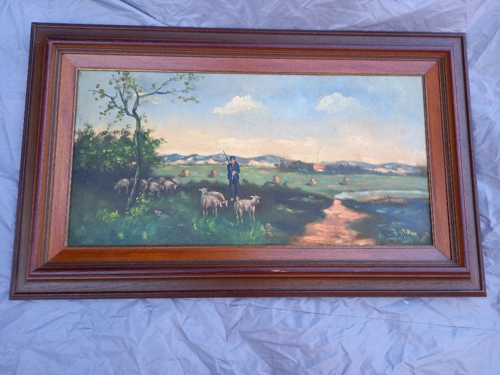 Oud Schilderij Herder met Schapen, Ophalen of Verzenden, Landschap