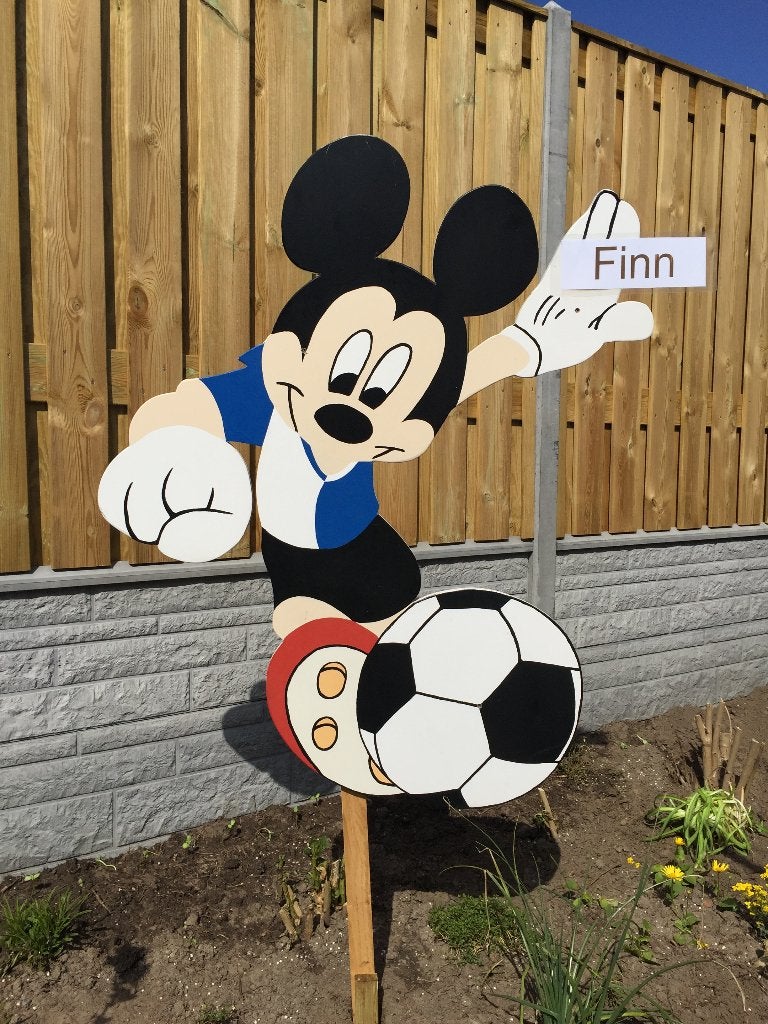 Geboortebord MICKEY MOUSE voetbal huren huur jongen meisje, Ophalen, Zo goed als nieuw, Geboortebord