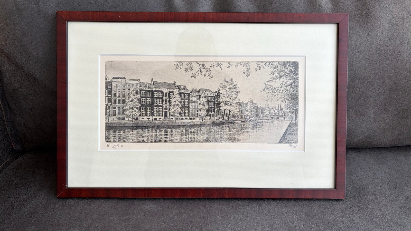 Ets van Michiel Schrijver - Amsterdamse gracht, Stadsgezicht, Ophalen of Verzenden, Gesigneerd, 1950 - 1999
