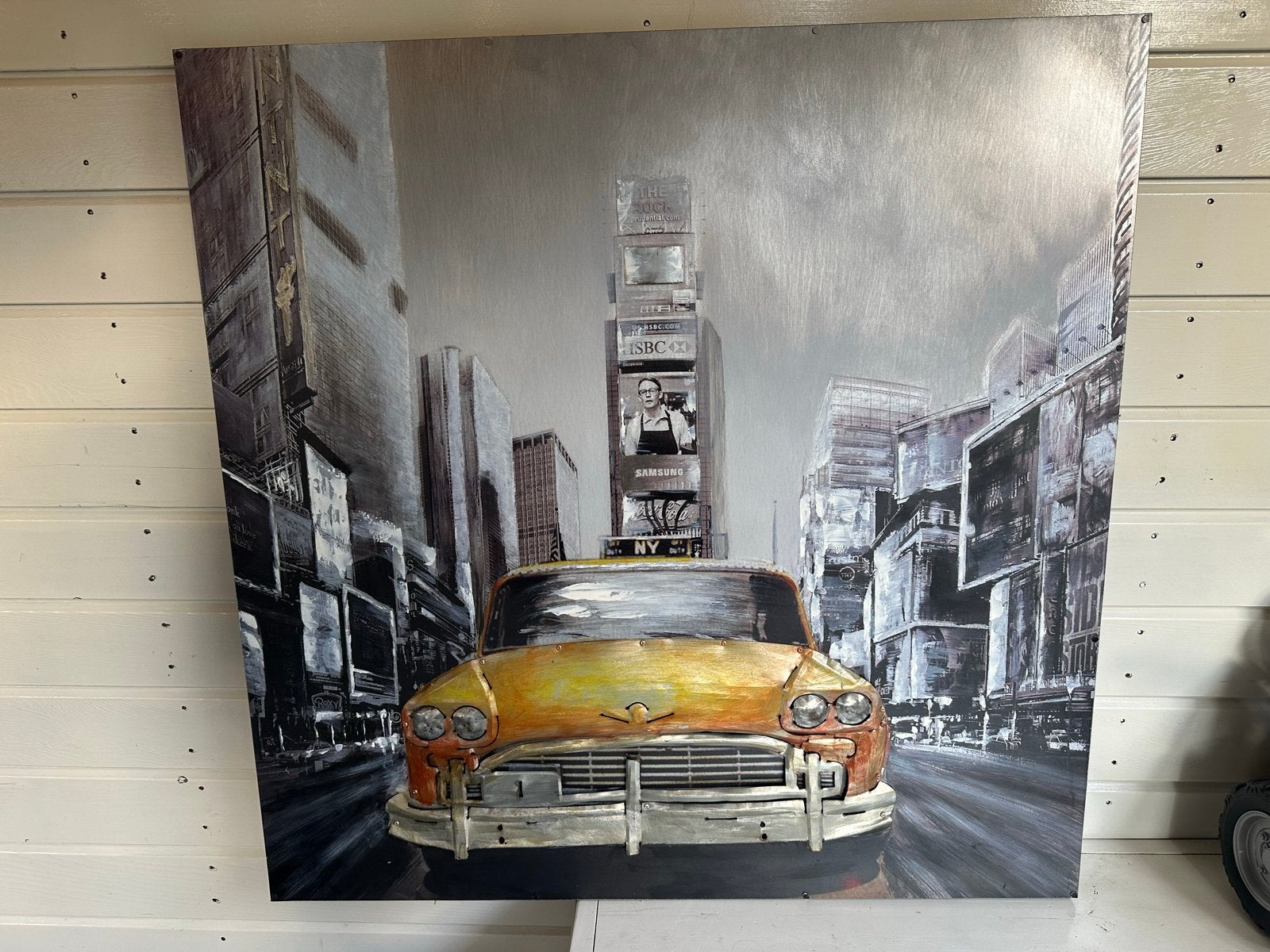 3D Taxi Schilderij van Blik - 99x99 cm, Antiek en Kunst, Kunst | Schilderijen | Modern, Voertuigen, 3D-effect, Ophalen of Verzenden