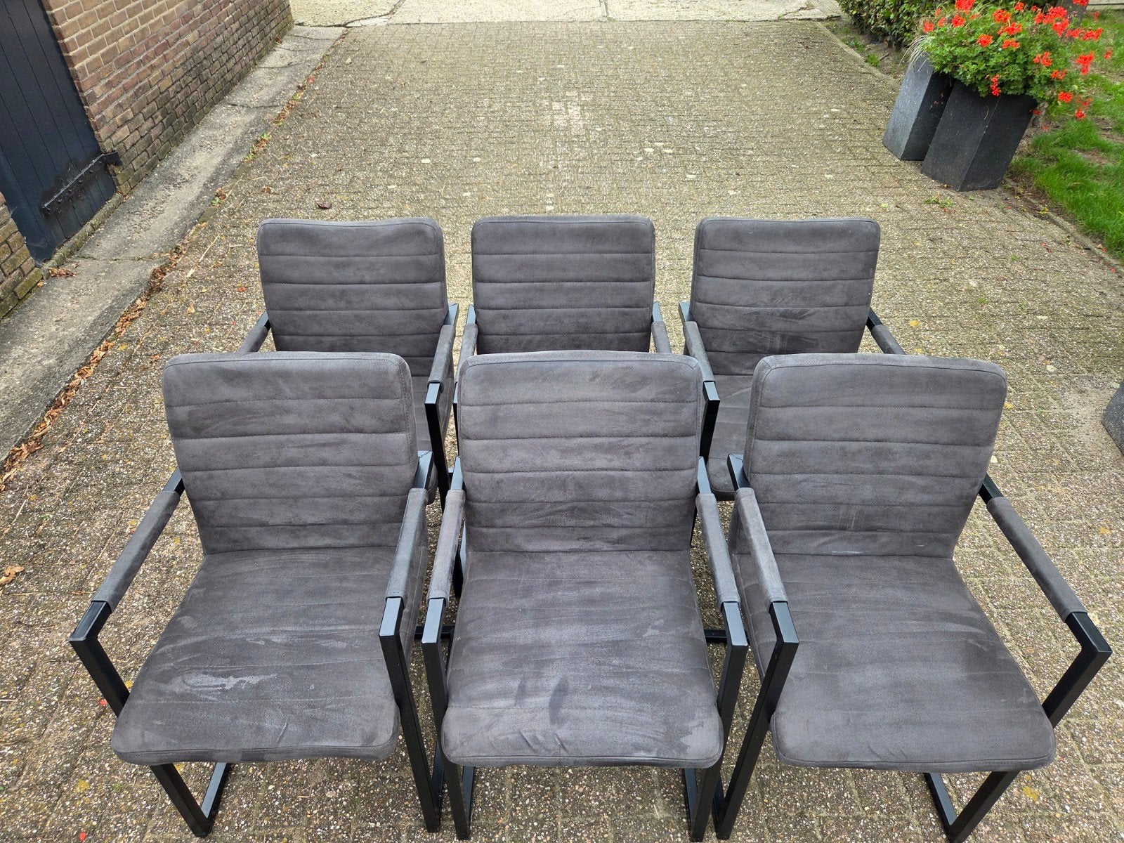 Set van 6 grijze eetkamerstoelen met armleuningen, Huis en Inrichting, Ophalen, Gebruikt, Metaal, Vijf, Zes of meer stoelen