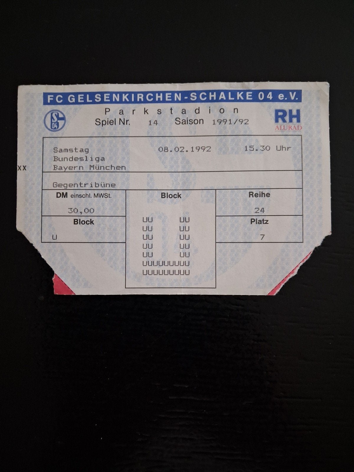 Ticket FC Schalke 04 - Bayern Munchen 1991/1992., Ophalen of Verzenden, Gebruikt, Buitenlandse clubs, Overige typen