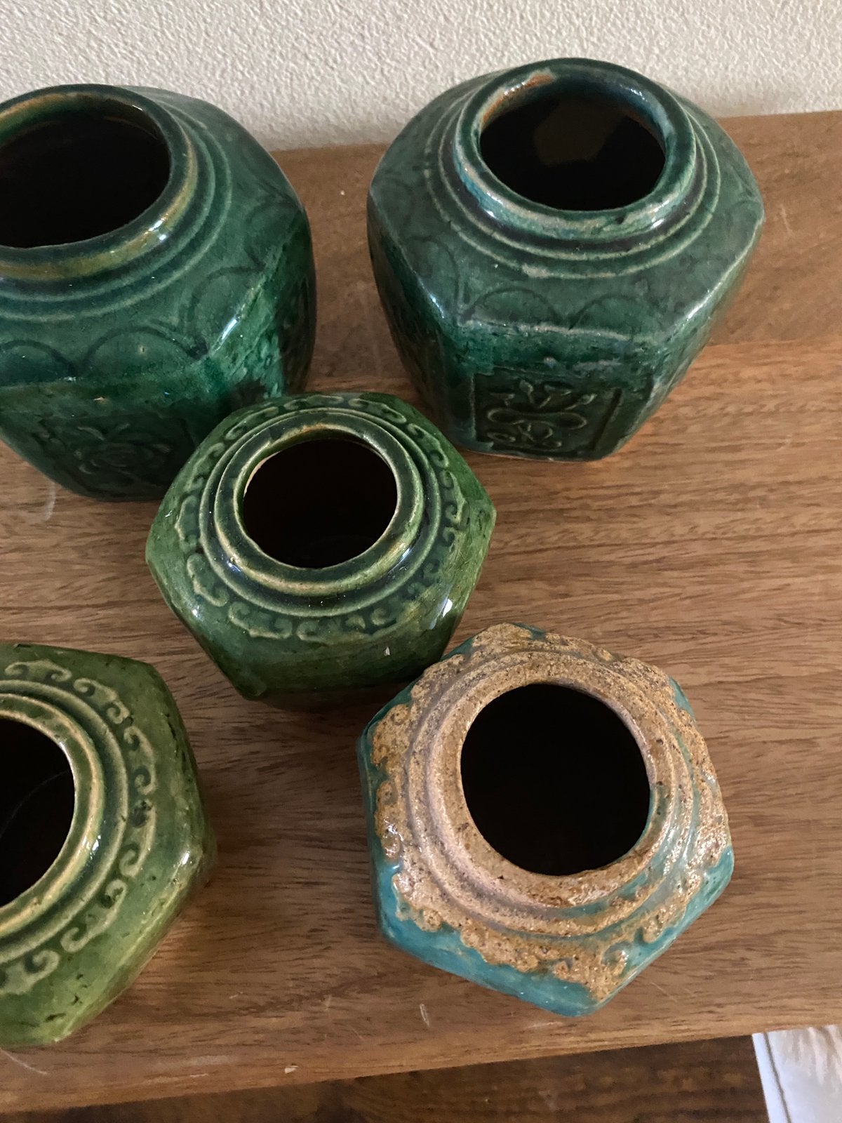 Vijf groene gemberpotten Chinees samen 25 euro!, Ophalen, Gebruikt, Groen, Steen/keramiek