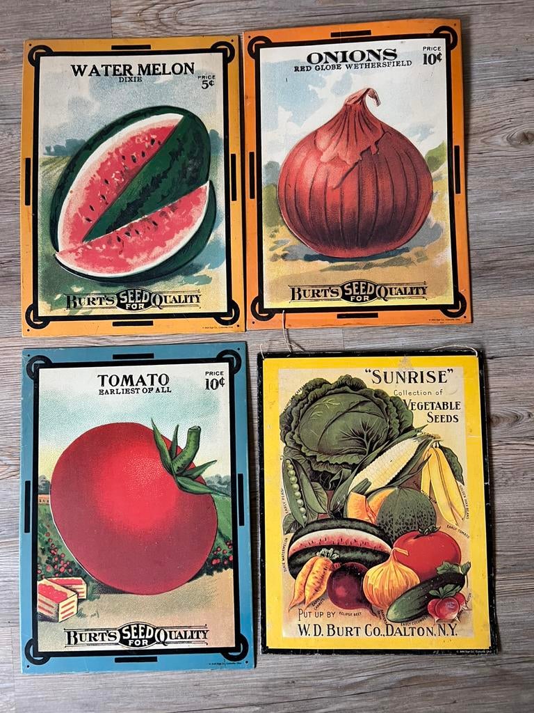 Blikken reclame borden groenten fruit van Burt Co Dalton NY, Verzamelen, Ophalen of Verzenden, Gebruikt, Reclamebord